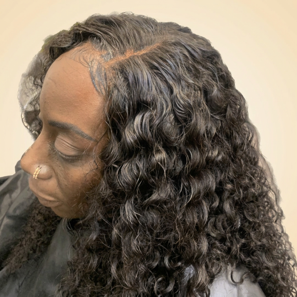 Deep wave install with defined curls and a clean side part