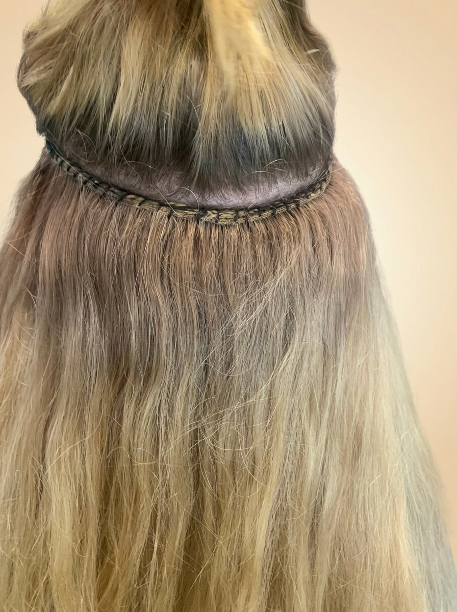 Close-up of a hand-tied weft extension install on blonde hair