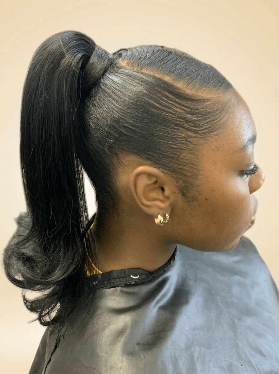 Sleek high ponytail with a smooth wrapped base and curled ends