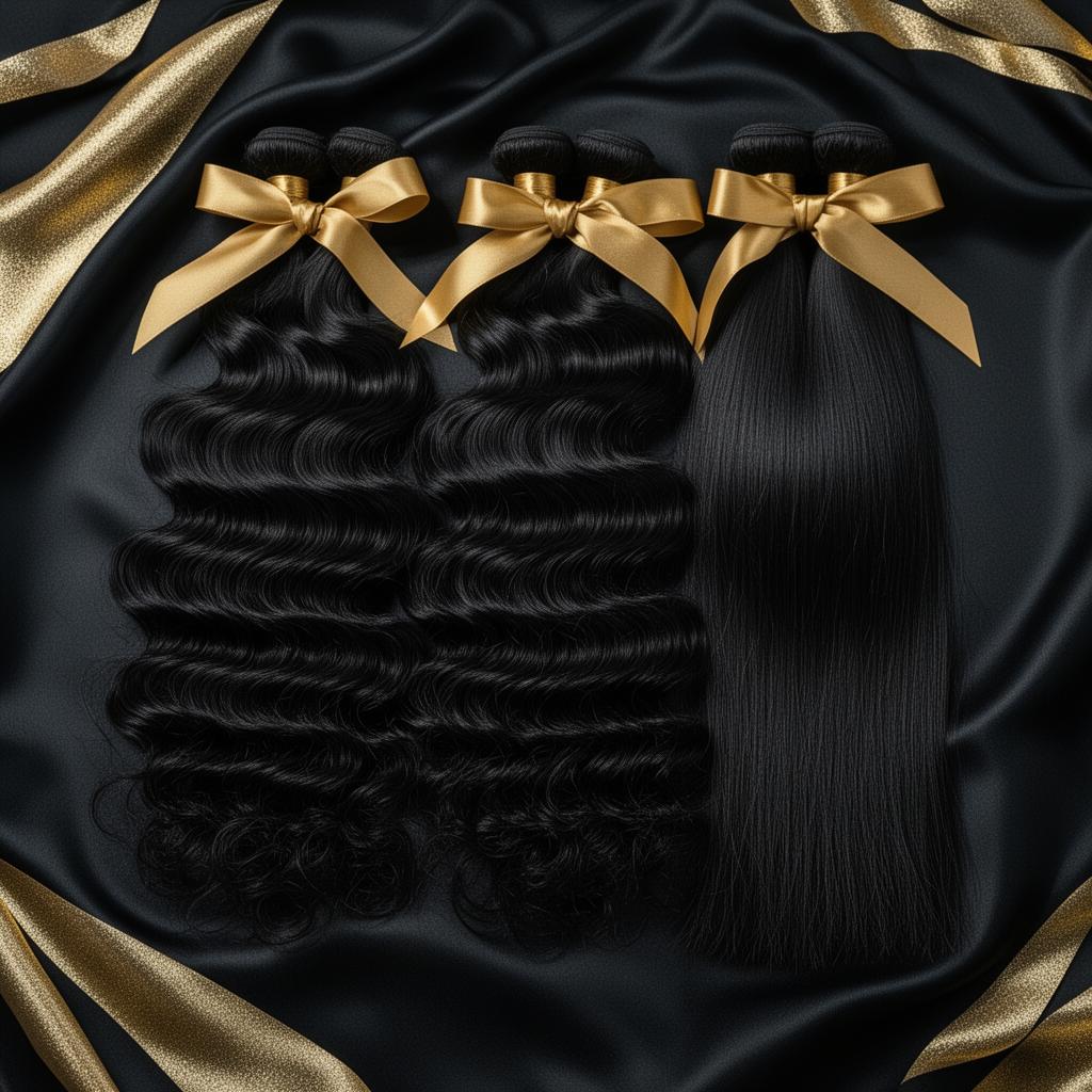 Luxury hair extension bundles tied with gold ribbon